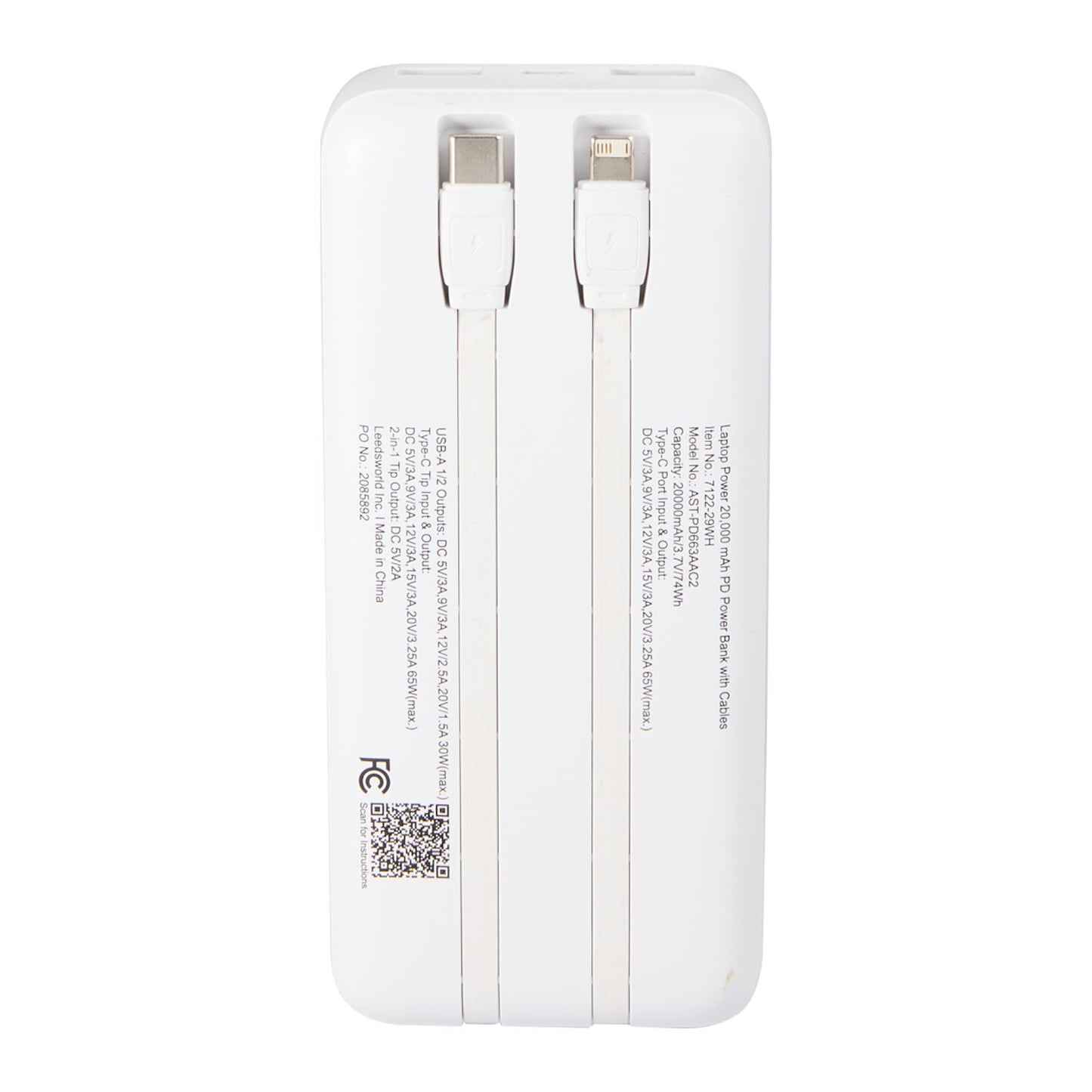 Laptop Power 20,000 mAh PD Power Bank with Integrated Cables